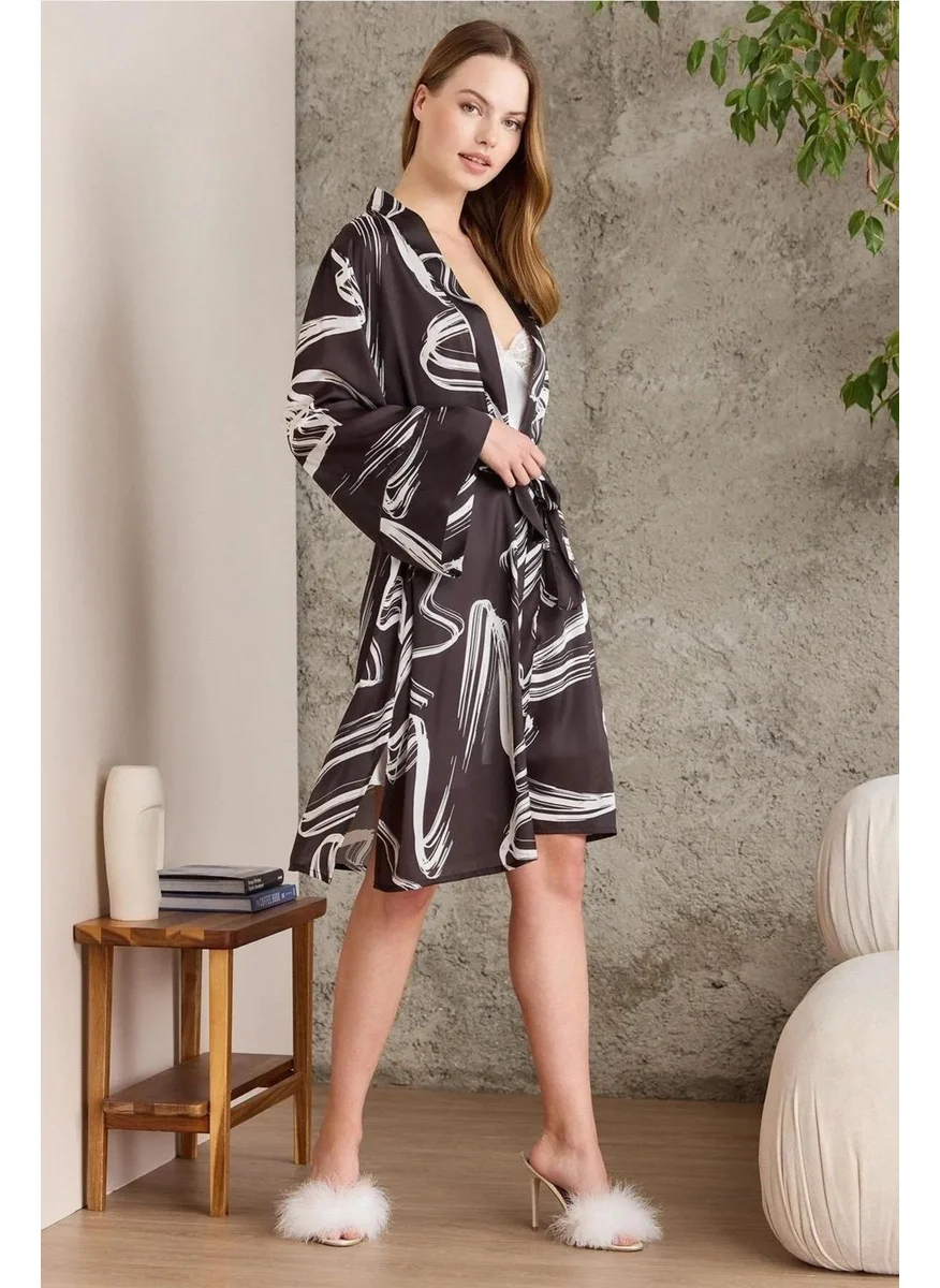 pierre cardin 2430 Women's Satin Printed Dressing Gown Nightgown Set-Black