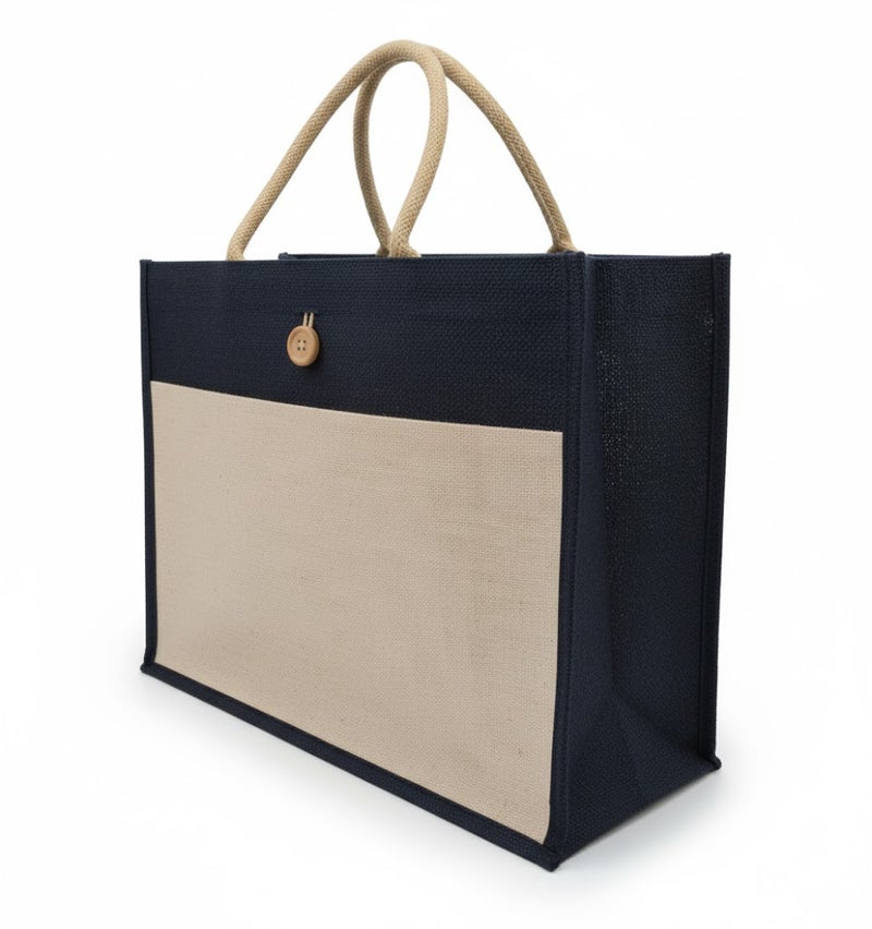 12 PIECES - Jute Shopping Tote Bag with Cotton Pocket,Two-Tone Button Closure (NATURAL JUTE/BLACK CANVAS WITH BOTTON) 41 X 33 X 15 - Image 2