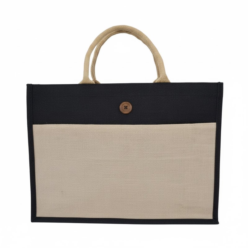 12 PIECES - Jute Shopping Tote Bag with Cotton Pocket,Two-Tone Button Closure (NATURAL JUTE/BLACK CANVAS WITH BOTTON) 41 X 33 X 15 - Image 1