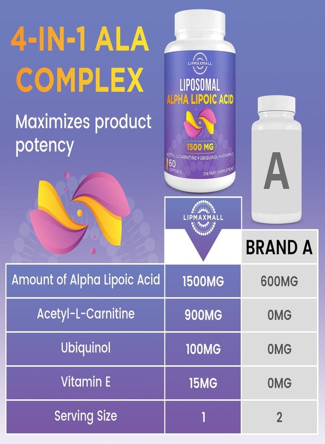 lipmaxmall ليبماكس مول، حمض ألفا ليبويك الليبوزومي 1500 ملغ - مع أسيتيل-إل-كارنيتين 900 ملغ، يوبيكوينول 100 ملغ، وفيتامين هـ 15 ملغ، مكمل غذائي من حمض ألفا ليبويك لمضادات الأكسدة، استقلاب الجلوكوز، طاقة الأعصاب، صحة القلب والأوعية الدموية، 60 كبسولة هلامية - Image 4