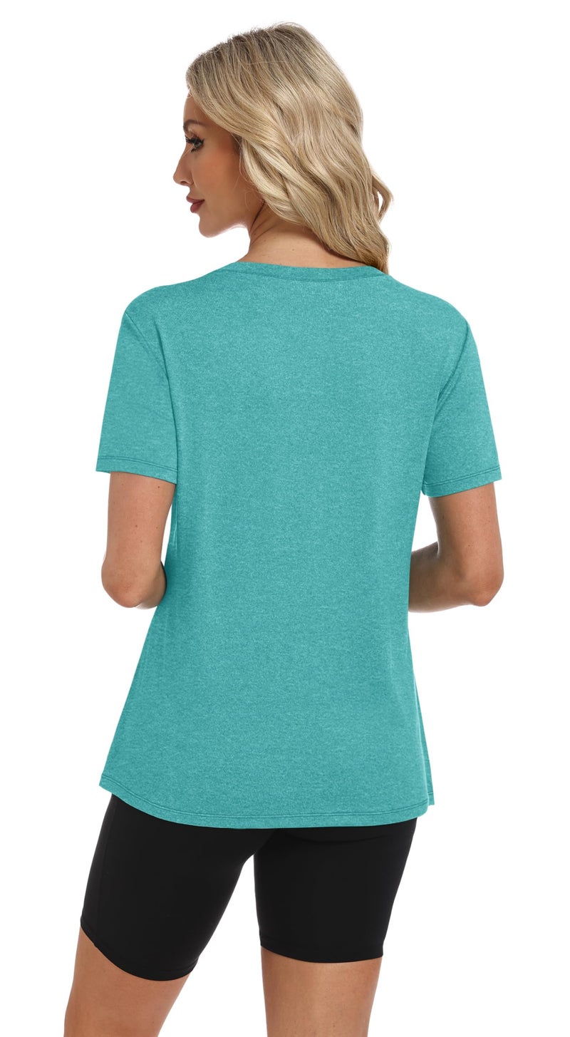 NIASHOT Womens T Shirts Pilates Outfits for Women Gym Clothes for Woman Summer Women's Clothing Athletic Tops Athletic Gym Loose Fit Activewear,Tshirts Aqua M - Image 5