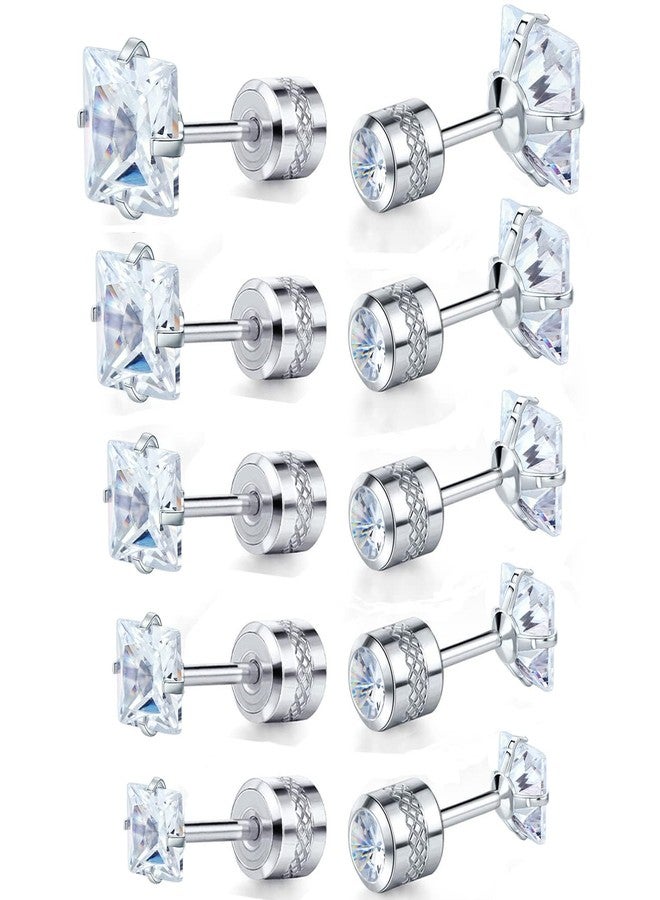 VOLUKA 5 Packs of Titanium Screw Back Square Cubic Zirconia 316L Stainless Steel Earrings for Women Men Hypoallergenic for Sensitive Ears 2-6mm - Image 1