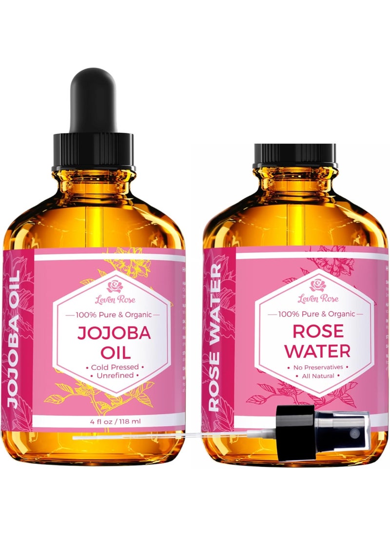Leven Rose Leven Rose Jojoba Oil  Rose Water for Face Facial Toner Bundle Jojoba Moisturizer for Skin Hair Body and Nails 4 oz  Pure Moroccan Rosewater 4 oz 