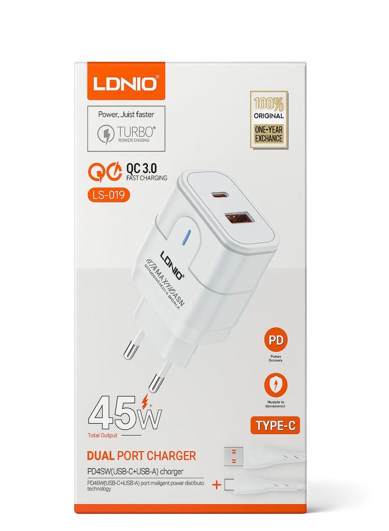 LDNIO 45W Dual Port Wall Charger with Type-C Cable PD & QC3.0 Fast Charging USB-C + USB-A Adapter – LS-019 - Image 2