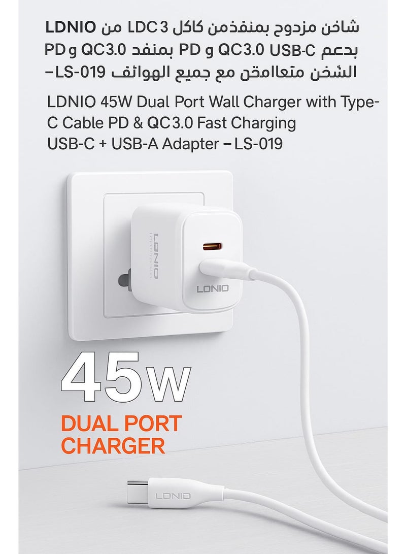 LDNIO 45W Dual Port Wall Charger with Type-C Cable PD & QC3.0 Fast Charging USB-C + USB-A Adapter – LS-019 - Image 3