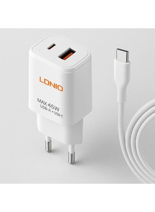 LDNIO 45W Dual Port Wall Charger with Type-C Cable PD & QC3.0 Fast Charging USB-C + USB-A Adapter – LS-019 - Image 4