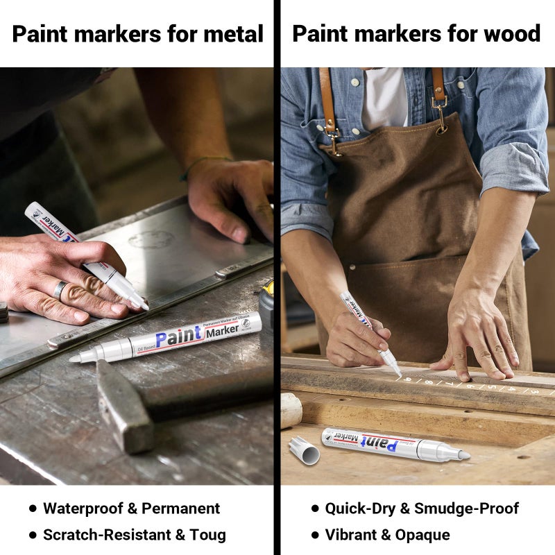 DAPAWIN White Permanent Marker Waterproof - 8 White Paint Markers for Metal Surfaces Tire Black Paper Wood Plastic Rocks Fabric, Marker Permanent, Oil Based Paint Markers Medium Tip - Image 4