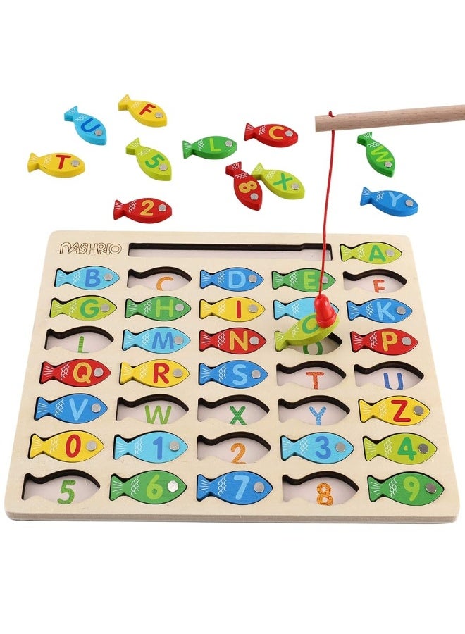 NASHRIO Magnetic Wooden Fishing Game Toy for Toddlers, Alphabet Fish Catching Counting Games Puzzle with Numbers and Letters, Preschool Learning ABC Math Educational Toys 3 4 5 Years Old Girl Boy Kids - Image 2