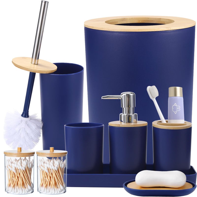 SLDIYWOW SLDIYWOW Blue Bathroom Accessories 9Piece Navy Blue Bathroom Accessories with Trash CanTraySoap DispenserToothbrush HolderToothbrush CupSoap DishToilet Brush and Qtip Holders for Bathroom 