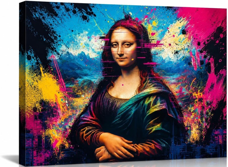 ARS Modern Mona Lisa Canvas Wall Art, Colorful Urban Graffiti Street Art Poster with Abstract Neon Paint Splatters & Glitch Effects, Pop Art Painting Print for Living Room, Ready to Hang - Image 1