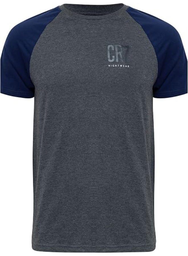 CR7 Men's Pyjama Set – Soft Cotton Short Sleeve T-Shirt & Shorts Sleepwear Set, Breathable Comfort Fit Nightwear, Grey Melange & Navy Blue - Image 2