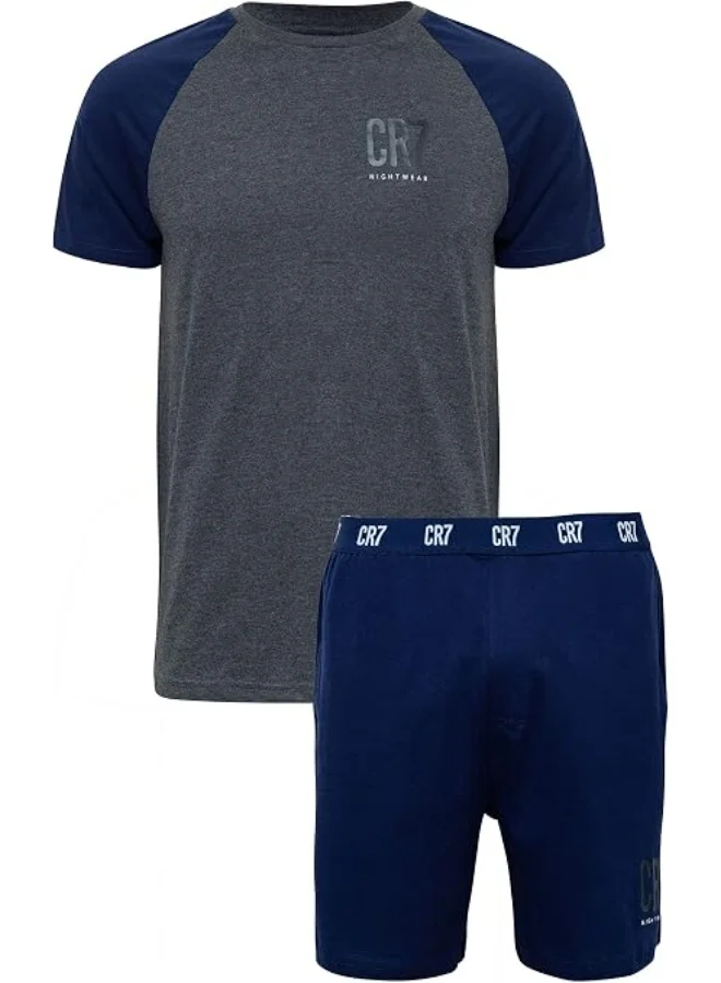CR7 CR7 Men's Pyjama Set – Soft Cotton Short Sleeve T-Shirt & Shorts Sleepwear Set, Breathable Comfort Fit Nightwear, Grey Melange & Navy Blue