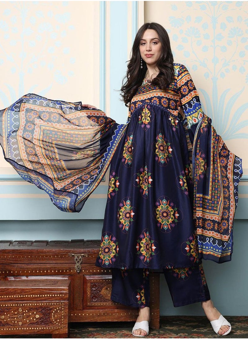 ISHIN Women's Navy Blue 100% Cotton Printed Anarkali Kurta Set  - Image 2