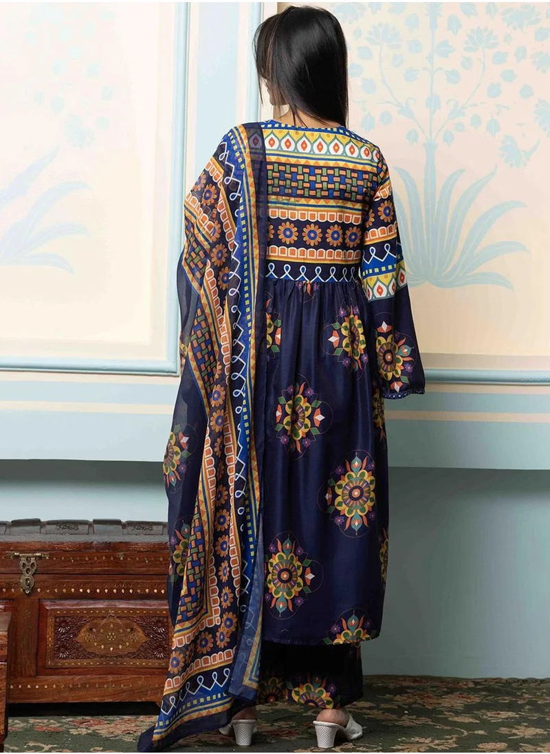 آي شين Anarkali Fit Printed Pattern Round Neck Three-Quarter Sleeves Navy Blue Colour Knitted Cotton Kurta Set for Women with Semi Elastic Closure - Unmatched Grace and Comfort