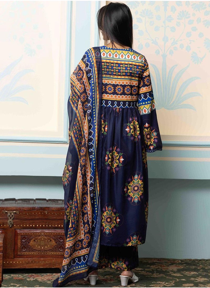 ISHIN Women's Navy Blue 100% Cotton Printed Anarkali Kurta Set  - Image 3