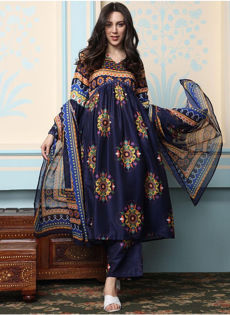 ISHIN Women's Navy Blue 100% Cotton Printed Anarkali Kurta Set  - Image 1