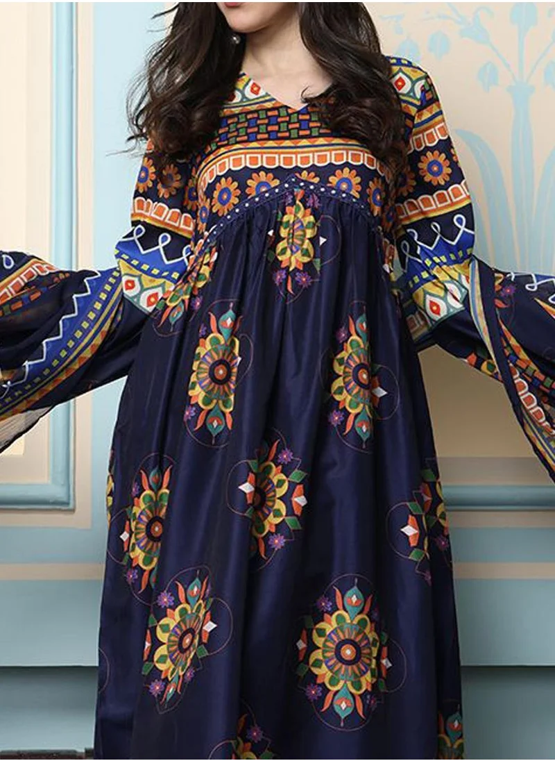 آي شين Anarkali Fit Printed Pattern Round Neck Three-Quarter Sleeves Navy Blue Colour Knitted Cotton Kurta Set for Women with Semi Elastic Closure - Unmatched Grace and Comfort