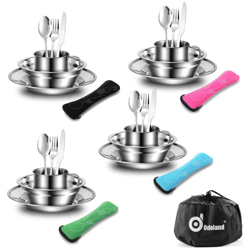 Odoland Odoland Camping Cutlery Set - Stainless Steel Tableware Mess Kit Includes Plate Cup Fork Spoon Knife, 7 in 1 Flatware Kit with Mesh Bag - Dinnerware Utensils Set for Outdoor Camping Hiking and Picnic - Image 1