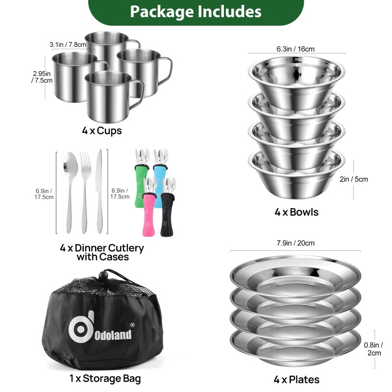 Odoland Odoland Camping Cutlery Set - Stainless Steel Tableware Mess Kit Includes Plate Cup Fork Spoon Knife, 7 in 1 Flatware Kit with Mesh Bag - Dinnerware Utensils Set for Outdoor Camping Hiking and Picnic - Image 2