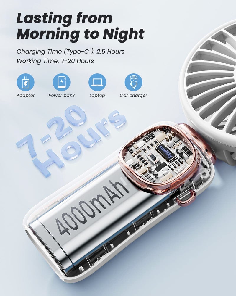 coldSky Desk Fan, Portable Handheld Fan, 4000mAh Battery Operated With LED Display, 3 in 1 Personal Small Handheld/Neck/Desk Fan, 90° Foldable With Base, 5 Speed (White) - Image 3