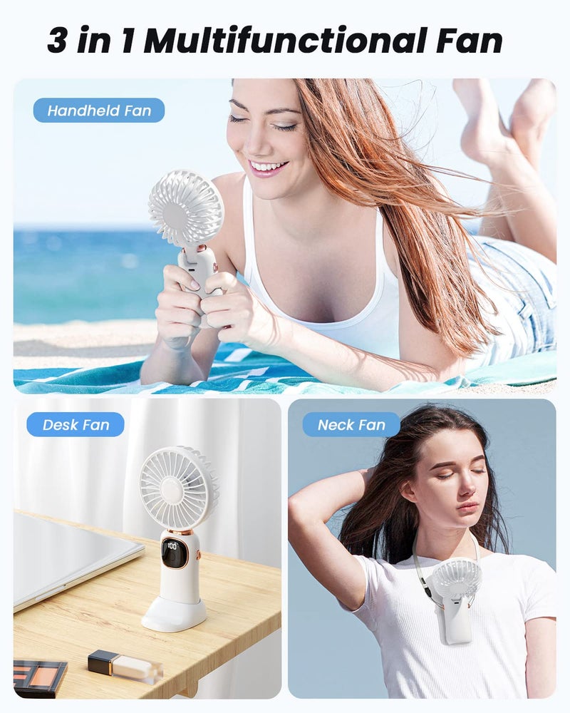 coldSky Desk Fan, Portable Handheld Fan, 4000mAh Battery Operated With LED Display, 3 in 1 Personal Small Handheld/Neck/Desk Fan, 90° Foldable With Base, 5 Speed (White) - Image 2
