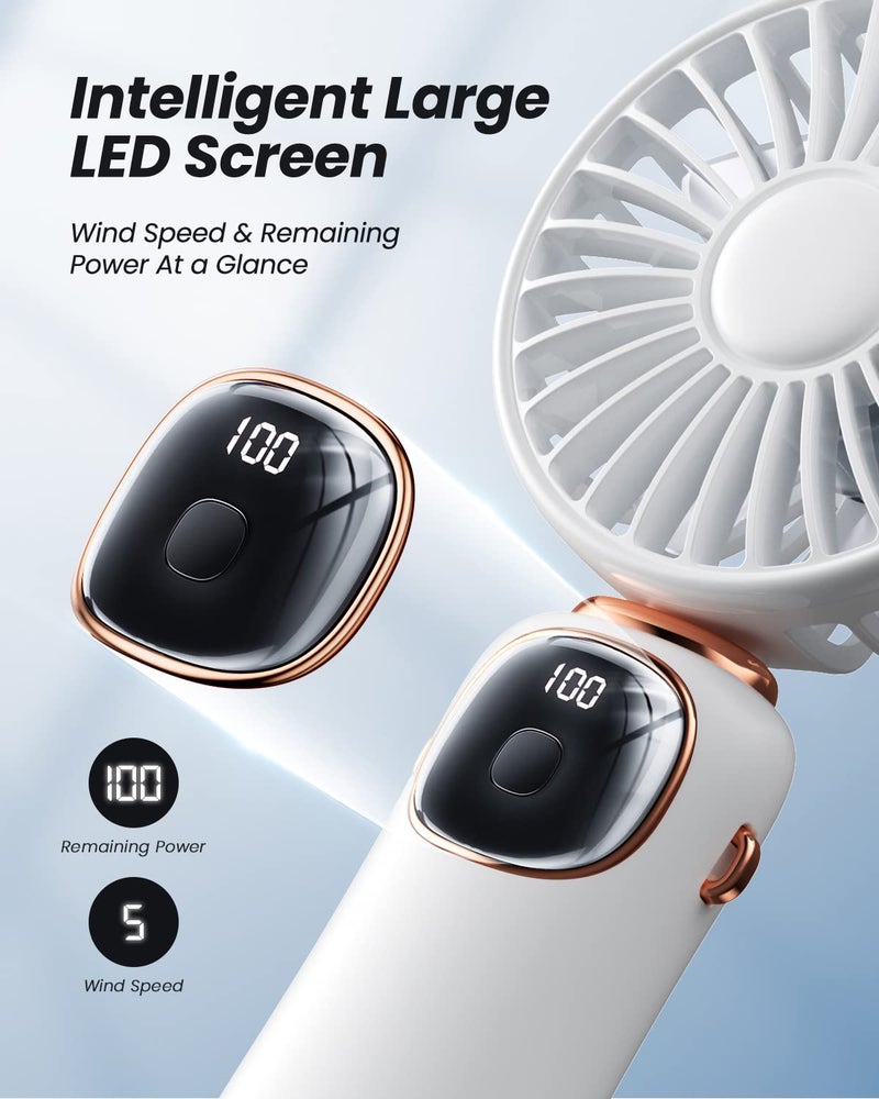 coldSky Desk Fan, Portable Handheld Fan, 4000mAh Battery Operated With LED Display, 3 in 1 Personal Small Handheld/Neck/Desk Fan, 90° Foldable With Base, 5 Speed (White) - Image 4