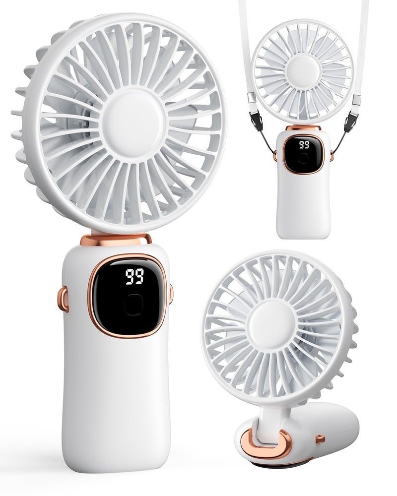 coldSky Desk Fan, Portable Handheld Fan, 4000mAh Battery Operated With LED Display, 3 in 1 Personal Small Handheld/Neck/Desk Fan, 90° Foldable With Base, 5 Speed (White) - Image 1