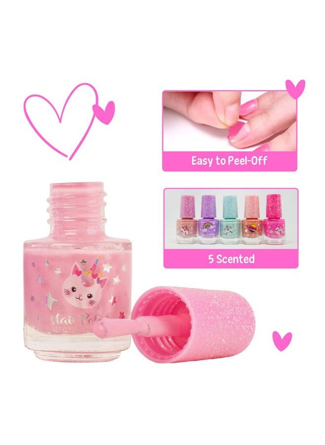 Hot Focus - Toddler & Kids Nail Polish Set - 5 Piece Scented Water Based Quick-Dry Peel Off Nail Polish Kit - Ideal Gift for Little Girls (Kitten Unicorn) - Image 1