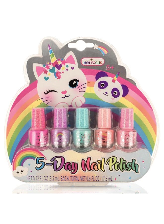 Hot Focus - Toddler & Kids Nail Polish Set - 5 Piece Scented Water Based Quick-Dry Peel Off Nail Polish Kit - Ideal Gift for Little Girls (Kitten Unicorn) - Image 1