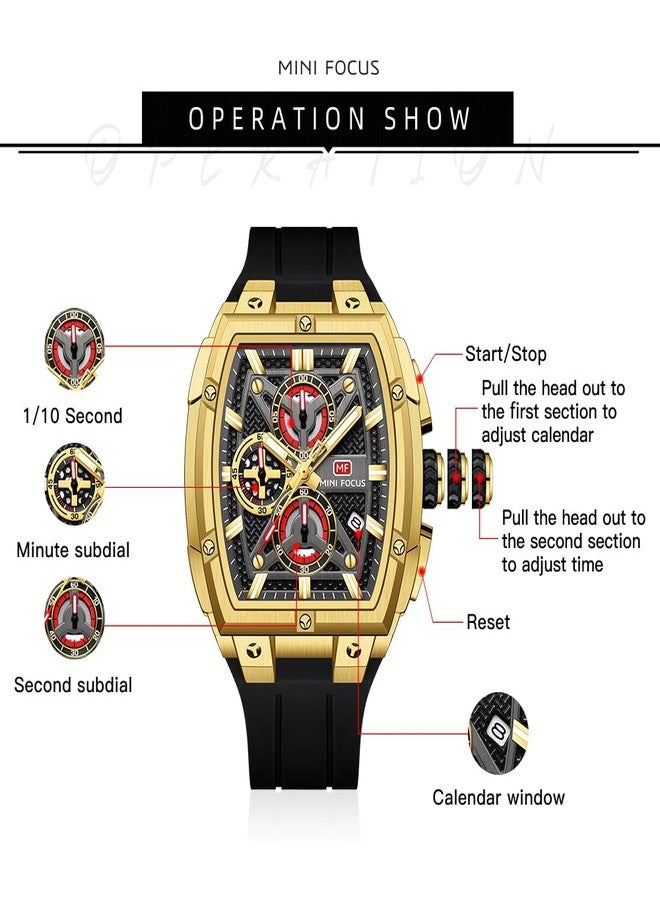 MF MINI FOCUS Men's Watch Analog Fashion Wrist Watch, Skeleton Tonneau Watch for Men with Chronograph,Ideal for Sports Enthusiasts and Daily Wear, Golden - Image 5