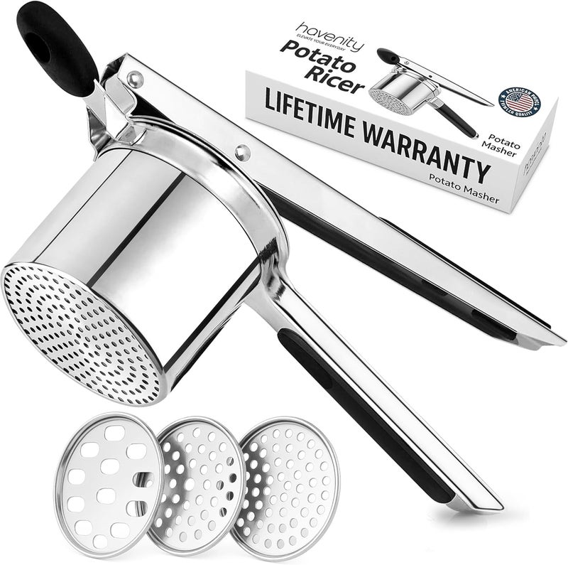 Havenity Large 15oz Potato Ricer, Heavy Duty Stainless Steel Ricer for Mashed Potatoes - Mashed Potato Masher, Baby Food Masher, Durable Kitchen Tool, Potato Press, Easy to Use Kitchen Gadget, 3 Discs - Image 1