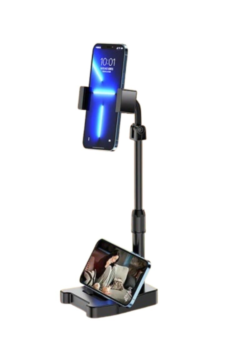 Mobile phone holder stand for photography, broadcasting and monitoring. It holds two devices at the same time and features a heavy base to prevent falls. The height reaches 30 cm. - Image 1