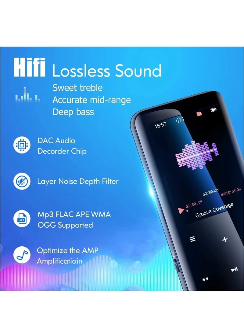 LAESO 32GB MP3 Player with Bluetooth 5.0 - Portable Digital Lossless Music MP3 MP4 Player for Kids with FM Radio HD Speaker for Sports Running, 2.5D Double-Side Acrylic Glass Alloy Frame  - Image 4