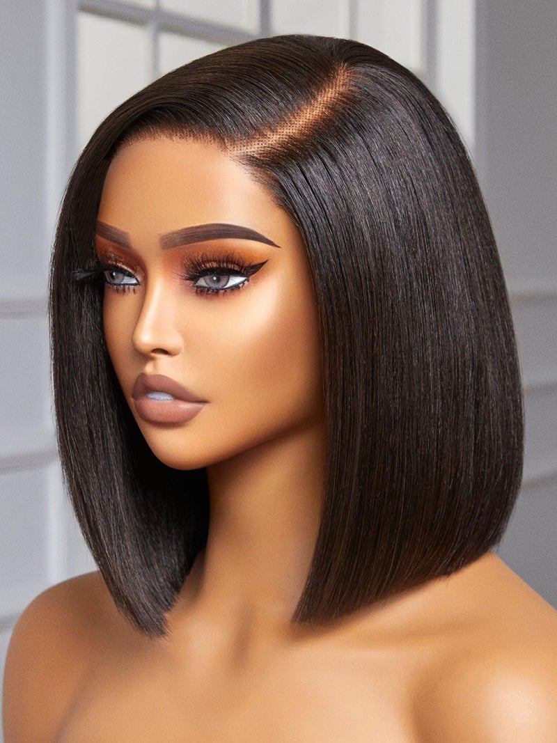 LUVME HAIR 10 Inch Light Yaki Straight Bob Wig Human Hair Undetectable HD Lace Glueless Bob Wigs Human Hair Pre Plucked Pre Cut Lace Wig Short Black Blunt Cut Bob Wigs