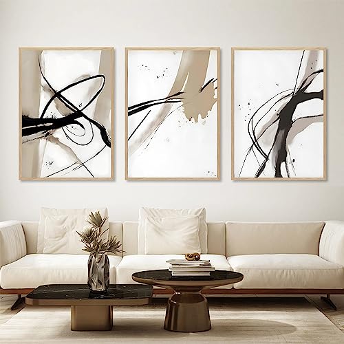 Wallvelart Black And Beige Abstract Canvas Wall Art Neutral Abstract Prints Abstract Minimalist Painting Abstract Line Art Posters Brown Black And Beige Picture Neutral Artwork For Walls Decor 16x24inchx3 No Frame - Image 1
