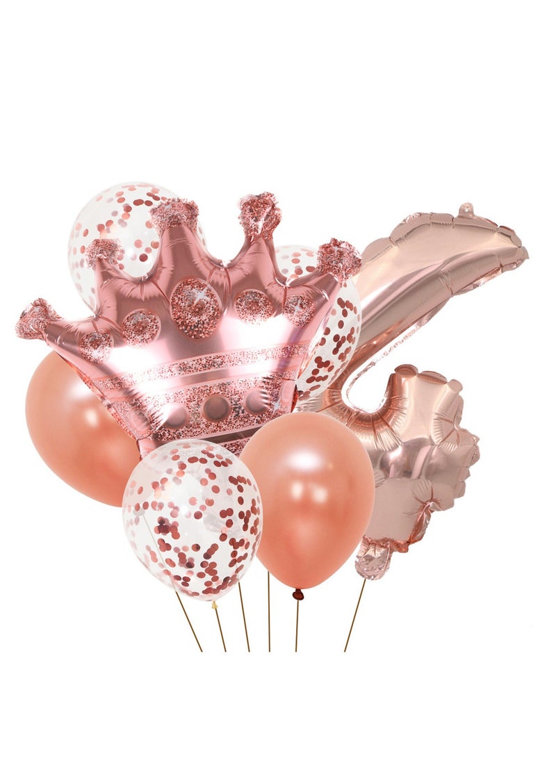 Party 8-piece set for 4th birthday party anniversary decoration party supplies including rose gold number 4 balloons, rose gold crown foil balloon set, 12-inch sequin balloons, 12-inch rose gold balloons 