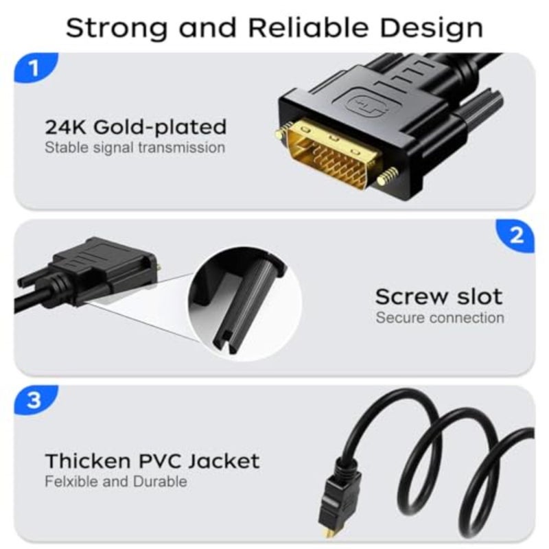 كابل محول HDMI إلى DVI، ثنائي الاتجاه 1080 DVI-D 24+1 إلى كابل HDMI ذكر إلى ذكر، مطلي بالذهب عالي السرعة للكمبيوتر وأقراص DVD والشاشة وجهاز العرض والمزيد - Image 3