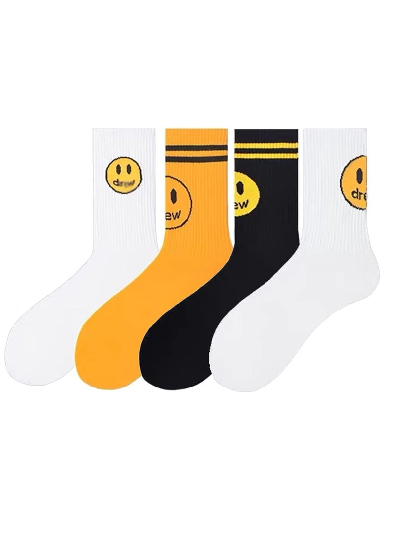Excefore Unisex Cotton Socks, Cotton Work Casual Crew Socks for Men and Women, Fashion Funny House Socks, Assorted Mid-calf Comfort Crew Socks (Smiling Face, 4 Pair)  - Image 1