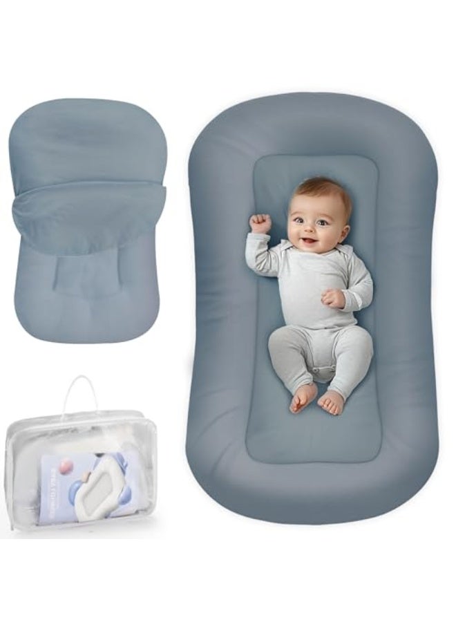 Baby Lounger - Baby Lounger for Newborn, 0-24 Months, Infant Lounger for Home and Travel, Soft Cotton, Baby Nest Lounger, Newborn Babies Essentials Gifts, GrayishBlue(Lounger Cover Included) - Image 1