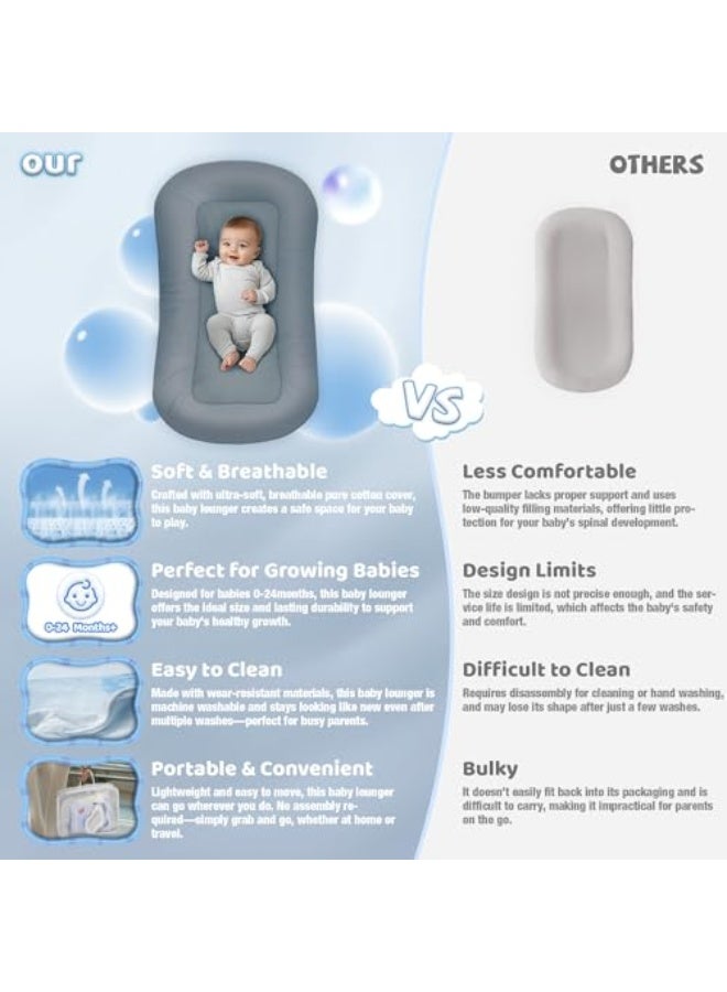 Baby Lounger - Baby Lounger for Newborn, 0-24 Months, Infant Lounger for Home and Travel, Soft Cotton, Baby Nest Lounger, Newborn Babies Essentials Gifts, GrayishBlue(Lounger Cover Included) - Image 2