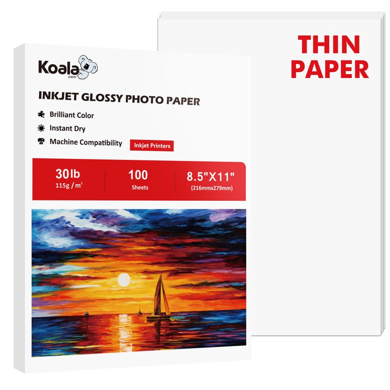 KOALA PAPER Koala Glossy Thin Inkjet Paper 8.5x11 Inches 100 Sheets Compatible with Inkjet Printer Use DYE INK 115gsm - Image 1
