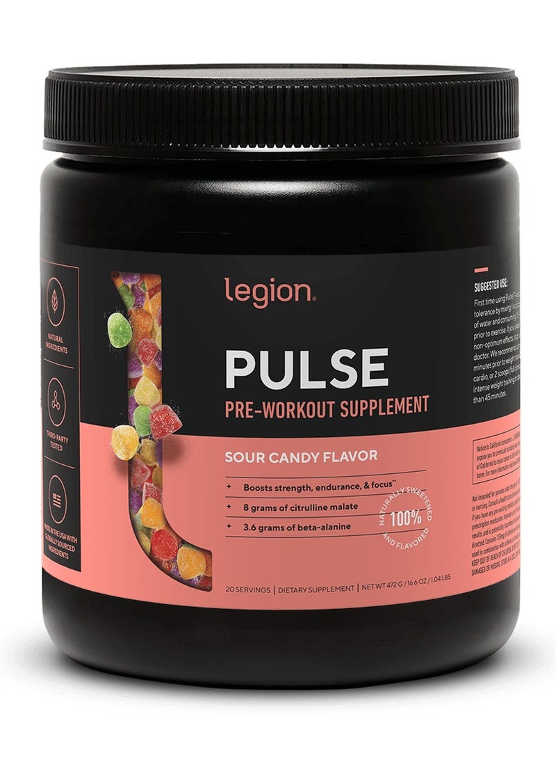 Legion Athletics Pulse Pre Workout Supplement Boosts Strength, Endurance & Focus, with 8g of Citrulline Malate, 3.6 g of Beta-Alanine, 20 Servings 472 g (1.04 Lbs)- Sour Candy Flavor - Image 1