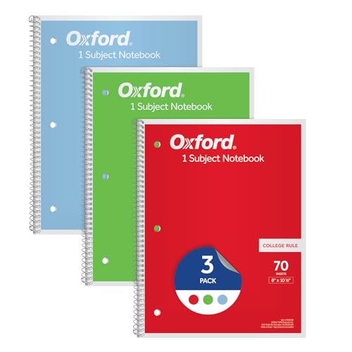 Oxford 1-Subject Notebooks, Notebooks for School, 8 x 10.5 Inches, College Rule, 70 Sheets, Assorted Primary Colors, 3 Pack, Colors May Vary (1006792) - Image 1