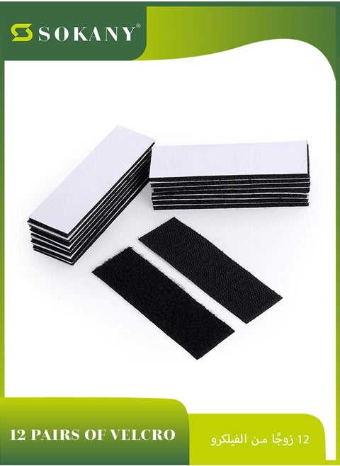 30x100mm 12 Pieces Industrial Strength Sticky Pads, Hook and Loop Tape Strips, With Adhesive Sticky Back Fastener, Extra Strong Hook and Loop Tape, Heavy Duty Double Side Mounting Tape Industrial Strength Interlocking Tape for Home School Office, Double Sided and Removable for Walls, Floor, Plastics, Glasses, Metals (Black)