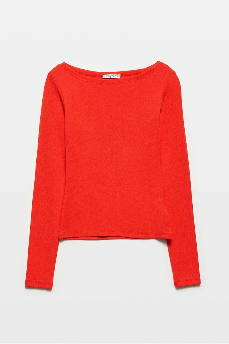 DILVIN Women’s Slim-fit Boat Neck Long-sleeve Blouse