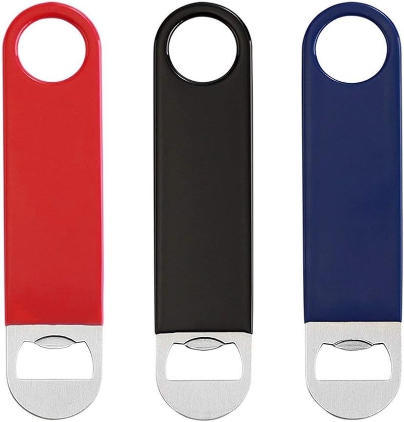 KTOJOY 3 Pack Bottle OpenersBeer Bottle Openers Speed Openers Stainless Steel Flat Bottle Opener with Exquisite Packaging for Kitchen Bar or Restaurant 7 inches Red Black Blue - Image 1