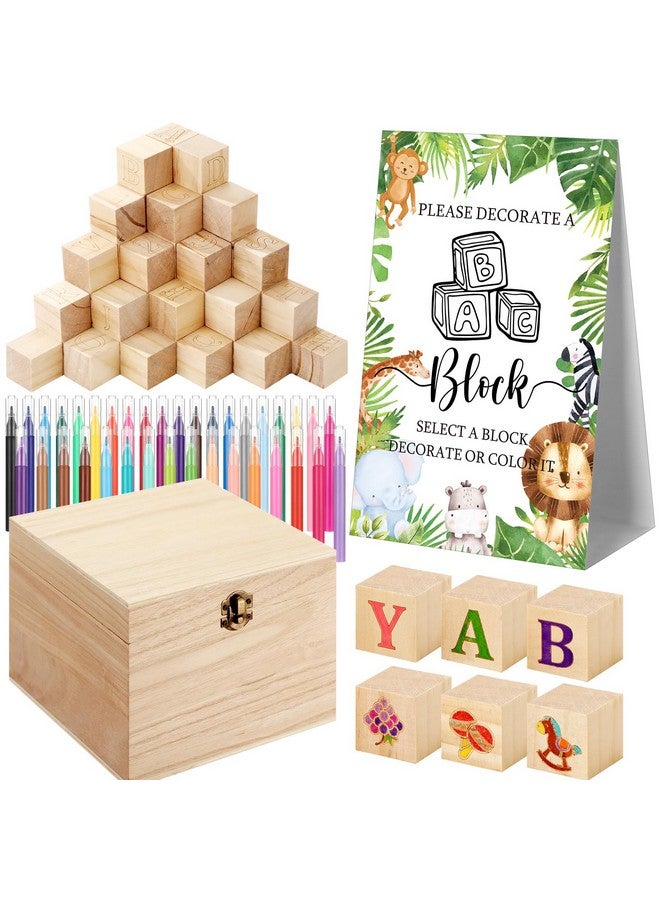 Marsui 136 Pcs Baby Shower Blocks to Decorate Game Kit Includes 98 Wooden Blocks, 36 Markers, 1 Game Sign, 1 Storage Box for Baby Shower Gender Reveal Activity Party Decorations(Animal) - Image 1