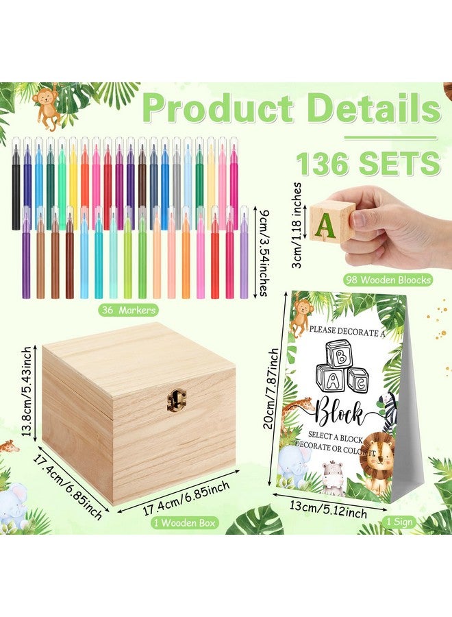 Marsui 136 Pcs Baby Shower Blocks to Decorate Game Kit Includes 98 Wooden Blocks, 36 Markers, 1 Game Sign, 1 Storage Box for Baby Shower Gender Reveal Activity Party Decorations(Animal) - Image 2
