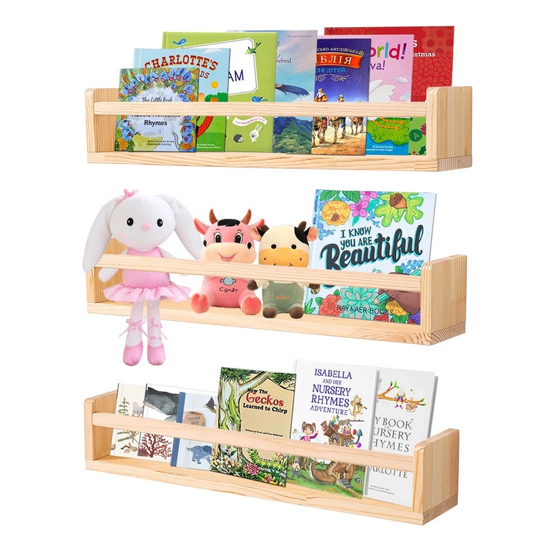 AZSKY Nursery Book Shelves 24 Inch Rustic Natural Wood Floating ShelvesWall Book Shelves for FarmhouseBathroom DcorKitchen Spice Rack or Book Shelf Organizer for Home Dcora Set of 3 Same Sizes