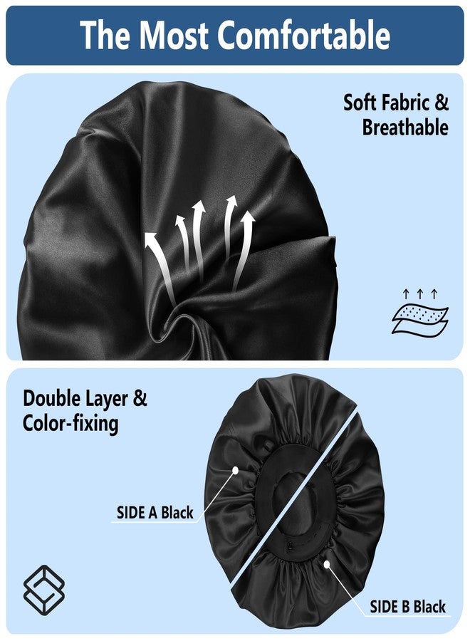 WINSTECK Silk Bonnets for Men, Satin Bonnet for Sleeping, Adjustable Hem & Double Layer, Large Sleep Bonnet for Curly Hair Braids Stay on All Night (Black) - Image 2